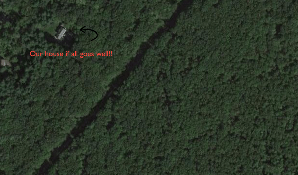 A satellite photo with a house on the left side and nothing but green trees surrounding.